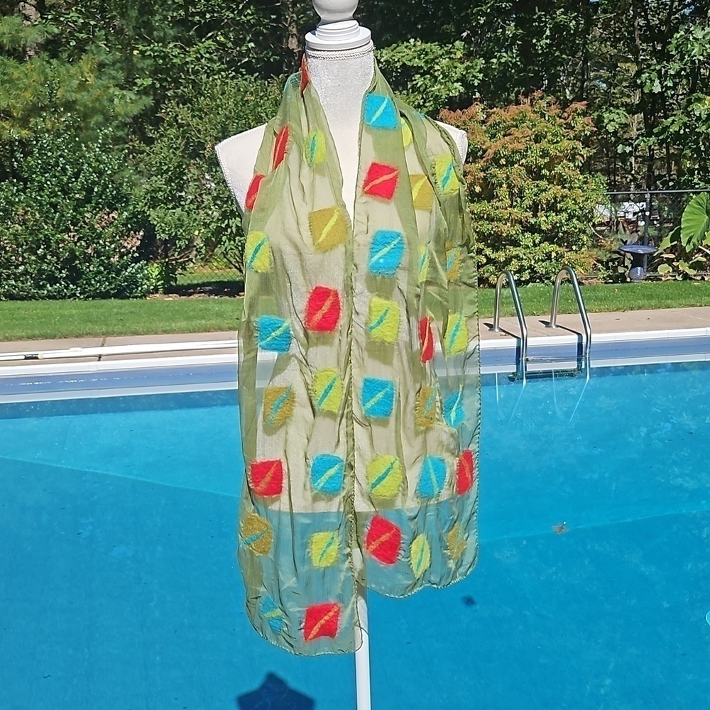 Scarf Handcrafted Wool and Silk NWT 69"x12" Greens Turquoise Red Beautiful!